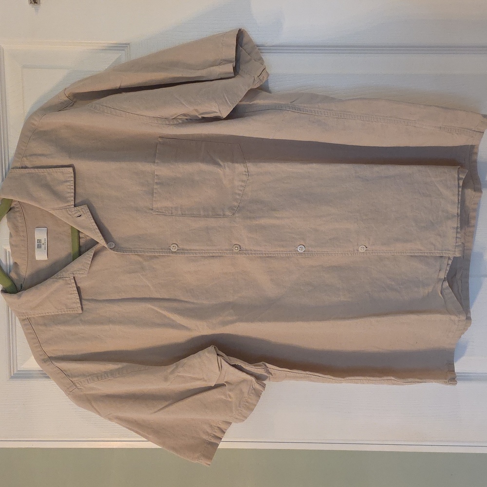 Uniqlo Men's Linen Short Sleeve Khaki Textured Button Front Shirt XL